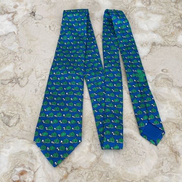 Hermes 100% Silk Blue & Green Horse Jockey Hat (684 OA) Tie - Picture 4 of 10